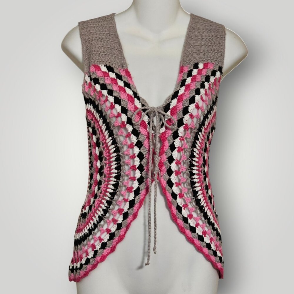 VTG Papaya Juniors M Multicolor Crochet Lace-Up Vest Pink Black Gray White BOHO